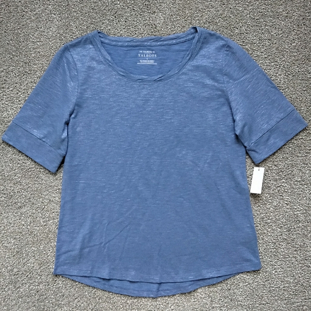 NWT S Talbots Blue Metallic Twist Neck T-Shirt The Talbots Tee NEW